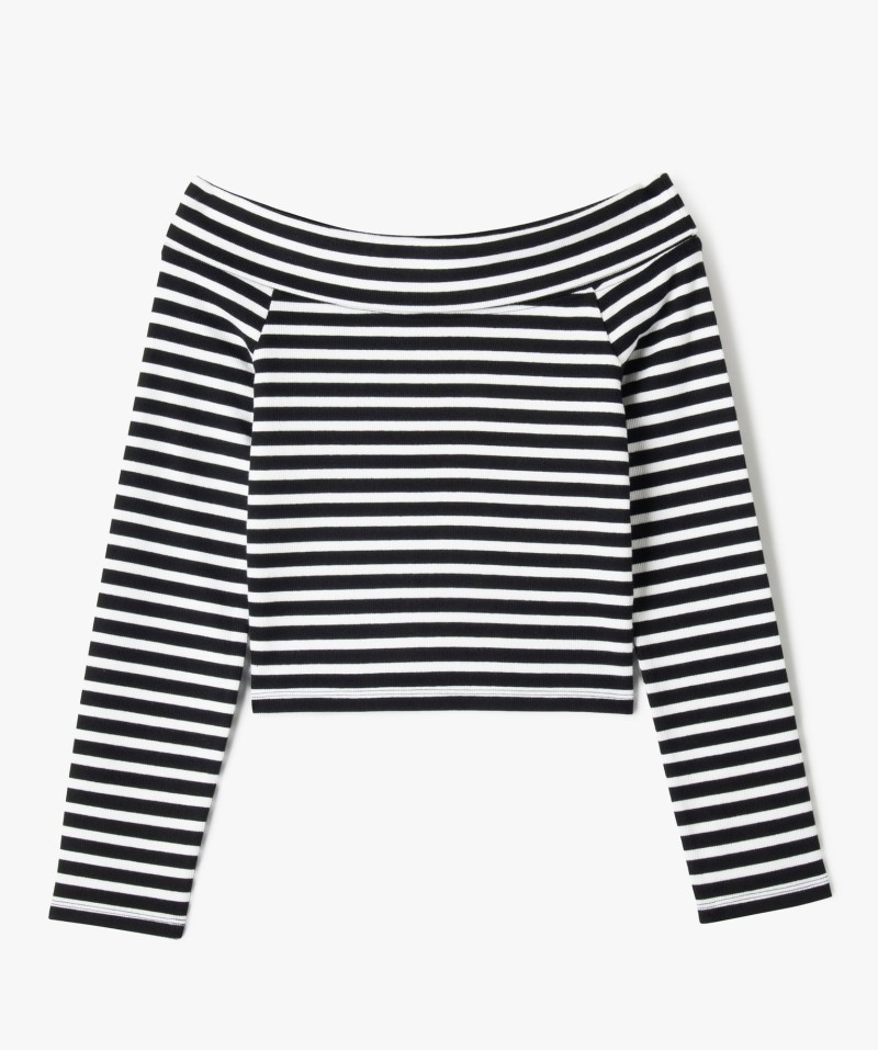 Tee-shirt manches longues avec col Bardot coupe courte femme